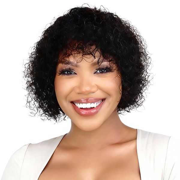 Black In Glueless Fringe Bob Curly Wig-Peruvian Full Machine Made Wig-10in