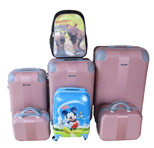5-Piece Pink ABS Luggage Set with Mickey Kids Case &amp; Rhino Schoolbag