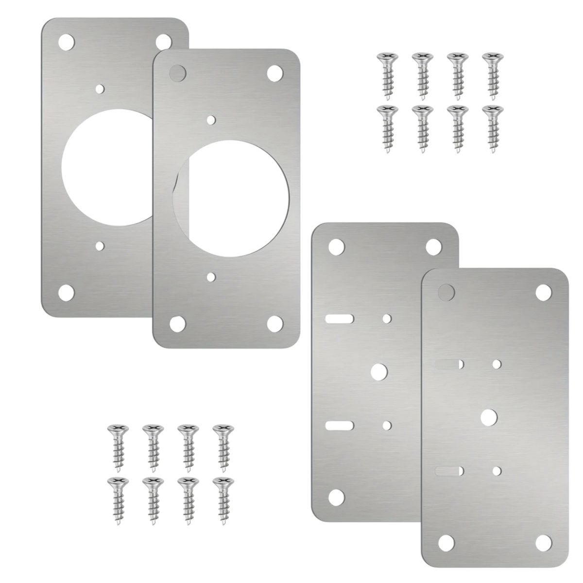 Slim Hinge Repair Plates 4-Pack - Stainless Steel Set -2 Flat + 2 With Hole