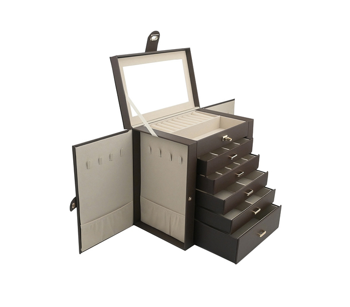 6-Tier Leather Jewelry Storage Box With Handle-Brown