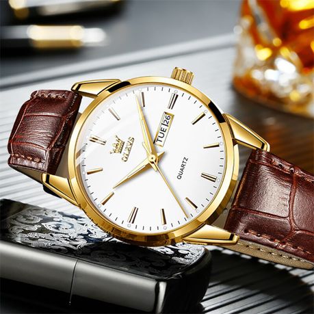 Mens gold watch sale with leather strap