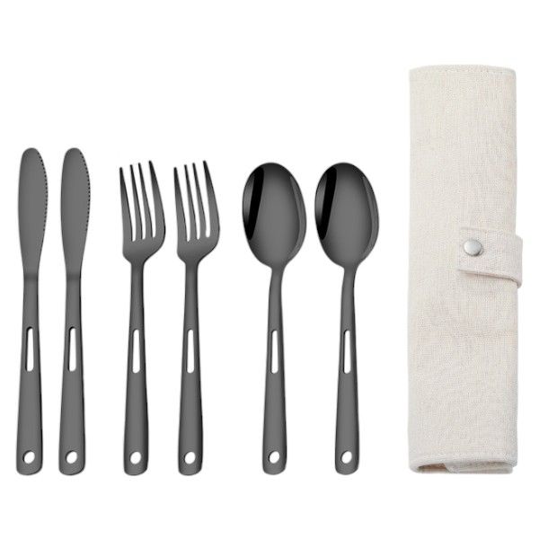 7-Piece Reusable Stainless Steel Cutlery Set with Canvas Pouch - Silver