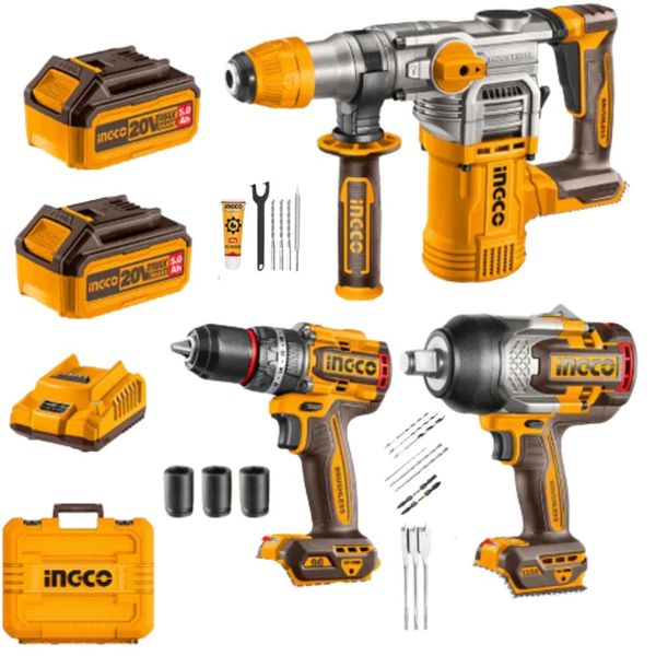 Ingco - Cordless Rotary Hammer, Impact Wrench &amp; Impact Drill Combo - 20V