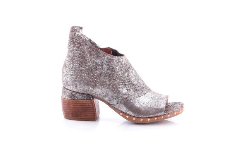 Women's silver grey leather block heel sandal