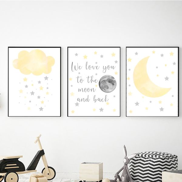 Cloud &amp; Moons in Yellow - A4 Canvas -Set Of 3