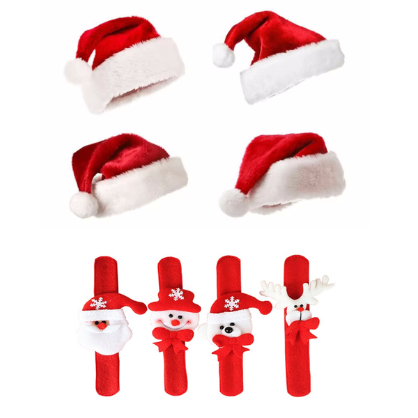 Set of Velvet Christmas Plush Hats and Christmas Slap Wrist Bands - 8 Pack