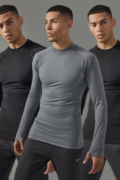 boohooMAN - Men's Active 3 Pack Long Sleeved High Neck Base Layer - Multi