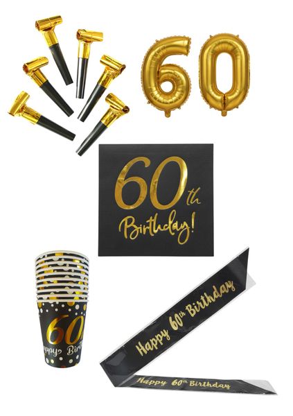 Black &amp; Gold Happy 60th Birthday Party Pack Combo Decorations &amp; Serveware