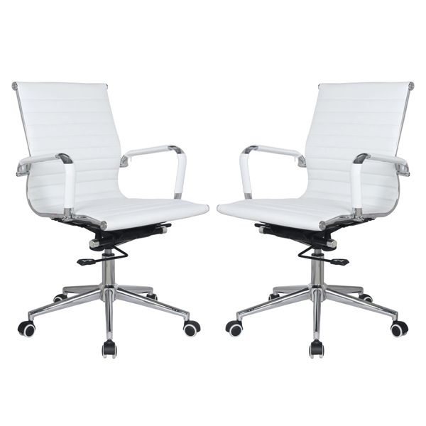 Ribbed PU Leather Medium Back Office Chairs-Set of 2 Per Box-White