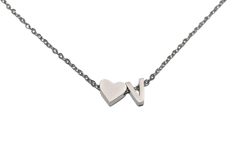 Stainless Dainty Silver Personal Initial and Mini Heart Necklace - Letter V