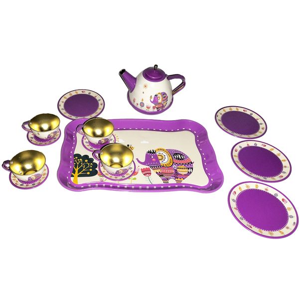 Children’s Tin Tea Set Toys - Purple Elephant Print