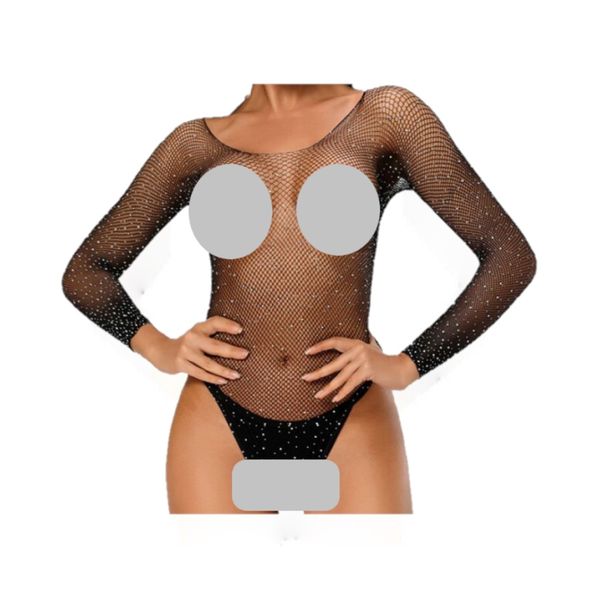 Rhinestone Decorated Fishnet Bodysuit (Black , Long Sleeve)