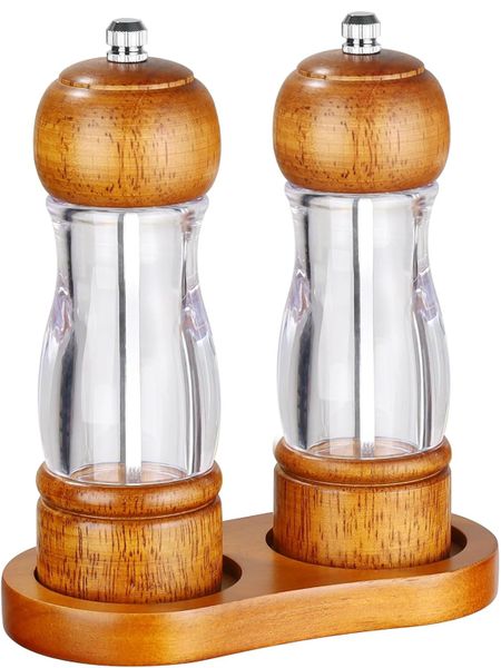 Wood and Acrylic Salt and Pepper Grinder Set with Adjustable Ceramic Core