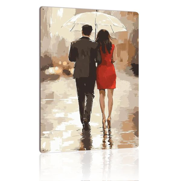 Romantic Couple Metal Sign Walking In Rain Umbrella Vintage Tin Sign