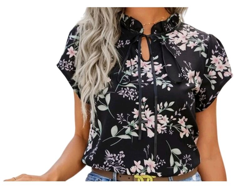Women Tie-neck Short Sleeve Blouse