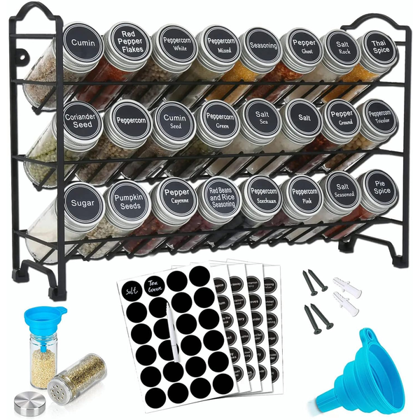 Spice Rack Organizer for Cabinet, 4-Tier 28 Empty Glass Jars 392 Labels