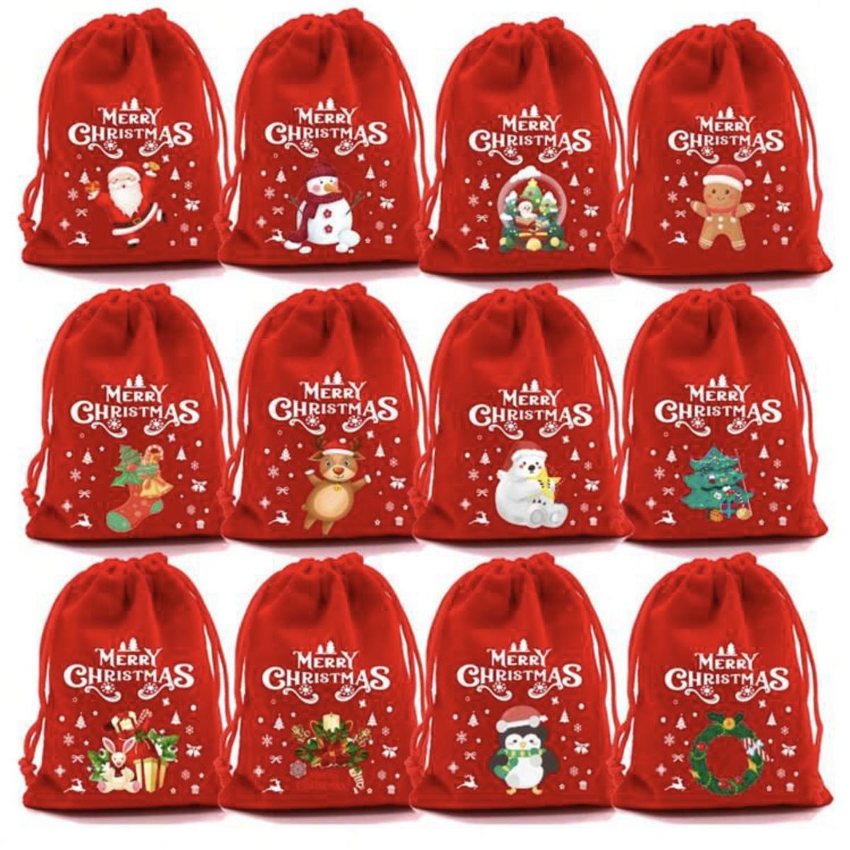 12pcs Gift Bags - Mixed Style Christmas Sacks