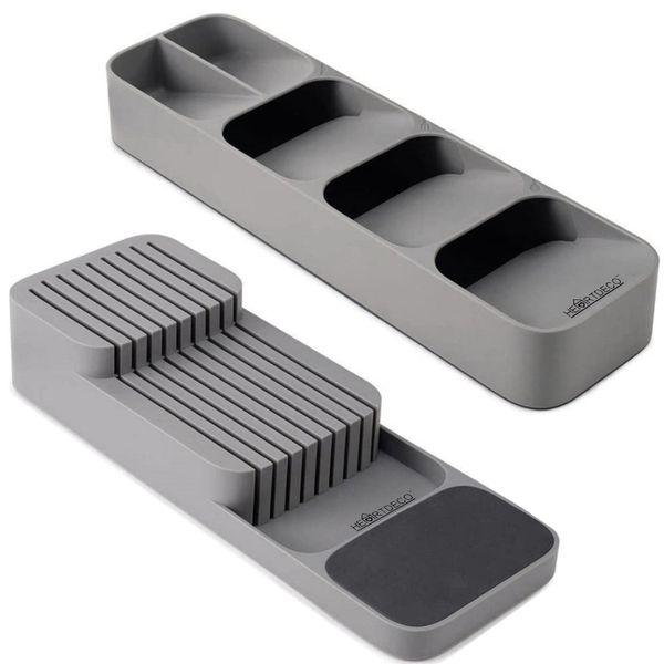 Kitchen Drawer Cutlery Organizer and Knives Storage Tray Set - Grey