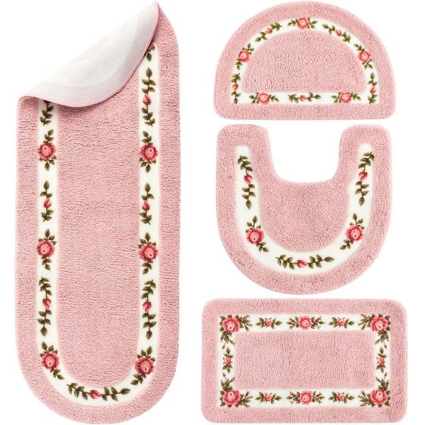 4 Pcs Rose Flowers Coquette Bathroom Rugs Set