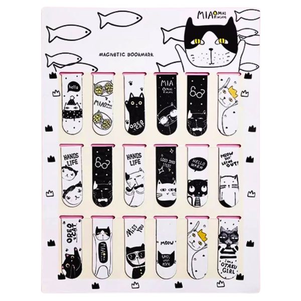 18-Piece Magnetic Bookmark Set, Black &amp; White Cartoon Cat Designs