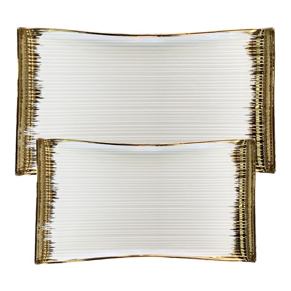 Stylist Platter Porcelain Ribbed with Gold Rim 2pc set
