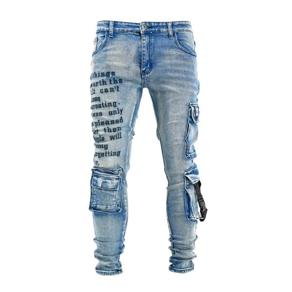 Men's Graffiti Tactical Cargo Denim Jeans - Blue Wash