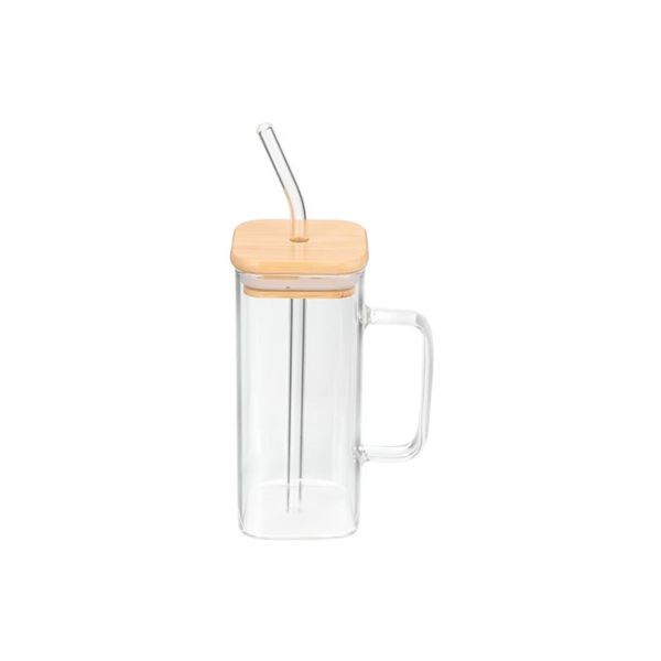 450ml Transparent Glass Mug With Lid And Straw