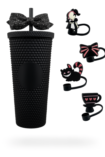 Black Fully Studded Tumbler Matte Studded with Lid Straw 4 Stoppers
