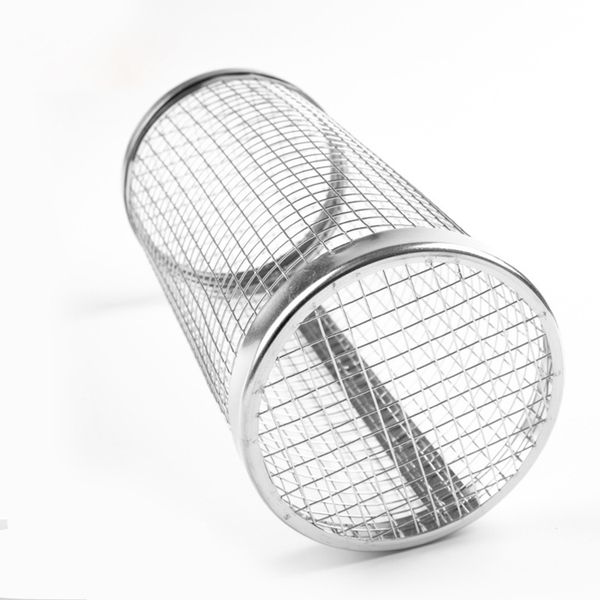 Round BBQ Grill Basket, Outdoor BBQ Smoking Cage Portable Grill Roller