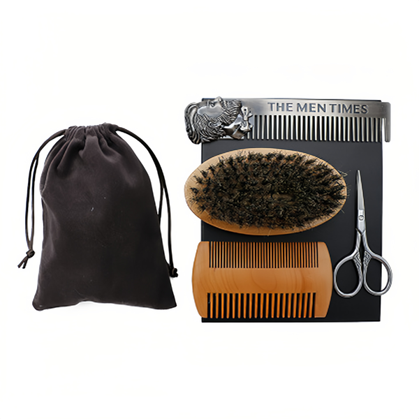 4 Piece Men's Beard Brush and Comb Set with Travel Pouch