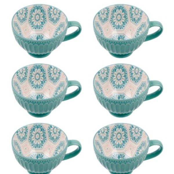6-Piece Teal Ceramic Cup Set - Ribbed Texture, Floral Interior, 250ml
