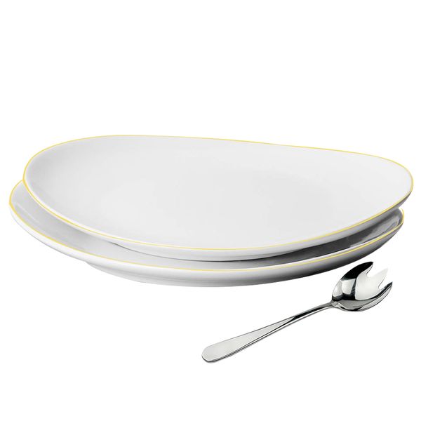 3Pieces Set - Super Glosy Porcelain Curve Square Dinner Plate with golden Edge