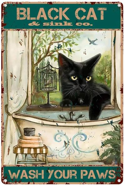 8x12" Black Cat Wash Your Paws Tin Sign, Vintage Bathroom Home Bar