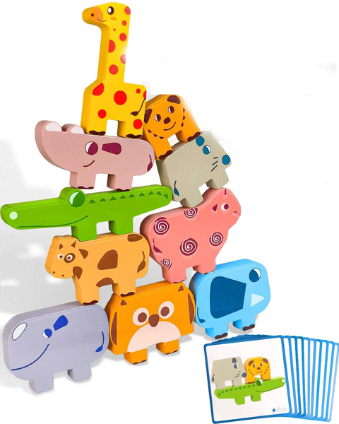 10-Pack Wooden Animal Stacking Blocks - Montessori Toddler Toy 1-4 Years