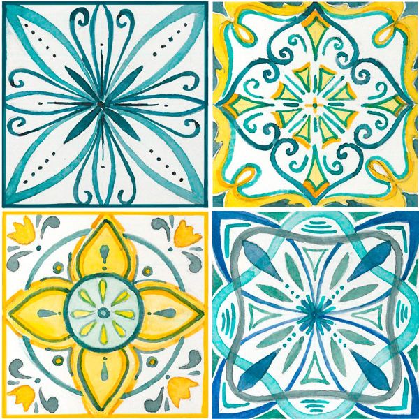 Yellow and Green Watercolour Tile Wall Stickers
