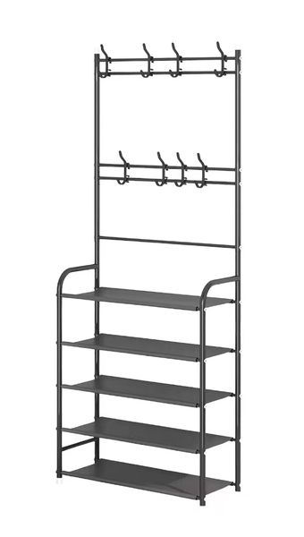 Multi-functional 5-Tier Coat &amp; Shoe Shelf Rack Organizer with Hooks - Black