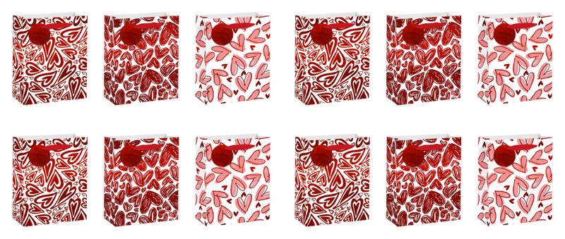 12-Piece Red Hearts Print Gift Bag Set - 26 × 32 × 12.5cm.