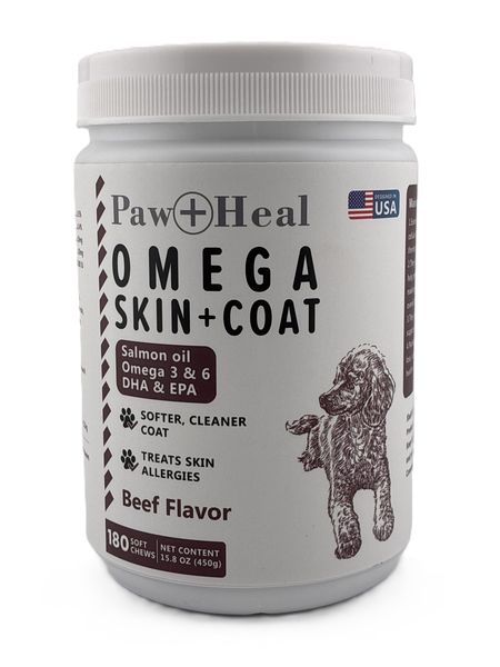 Paw &amp; Heal - Omega 3 Treats For Dogs - Skin and Coat -180 Soft Chews - Beef