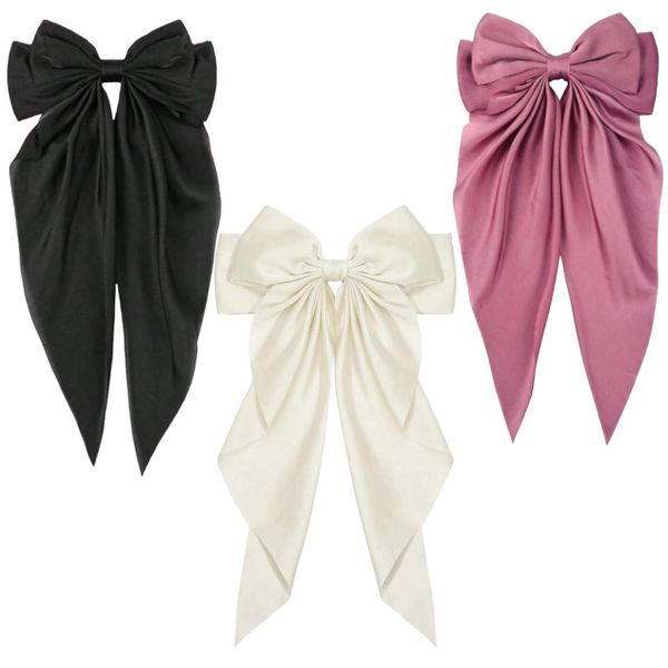 Large Satin Hair Bows - Cream, Black, Deep Pink- Set Of 3