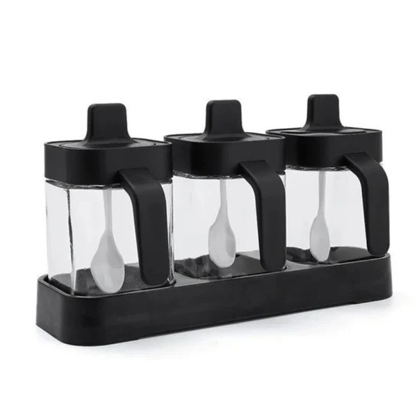 3-Piece Glass Spice Jar Set with Integrated Spoons &amp; Non-Slip Base