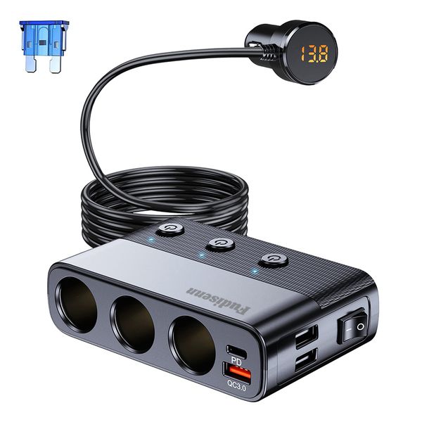 Fudisenn 128W 7-in-1 Car Cigarette Lighter Adapter - 3 Sockets &amp; PD 30W