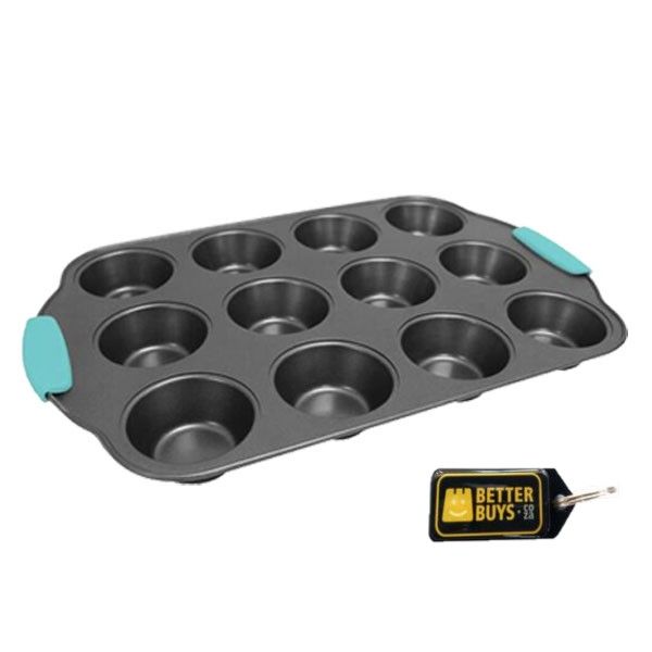Dark Aluminium 12 Muffin Pan with Blue Silicone Handles and Keyring