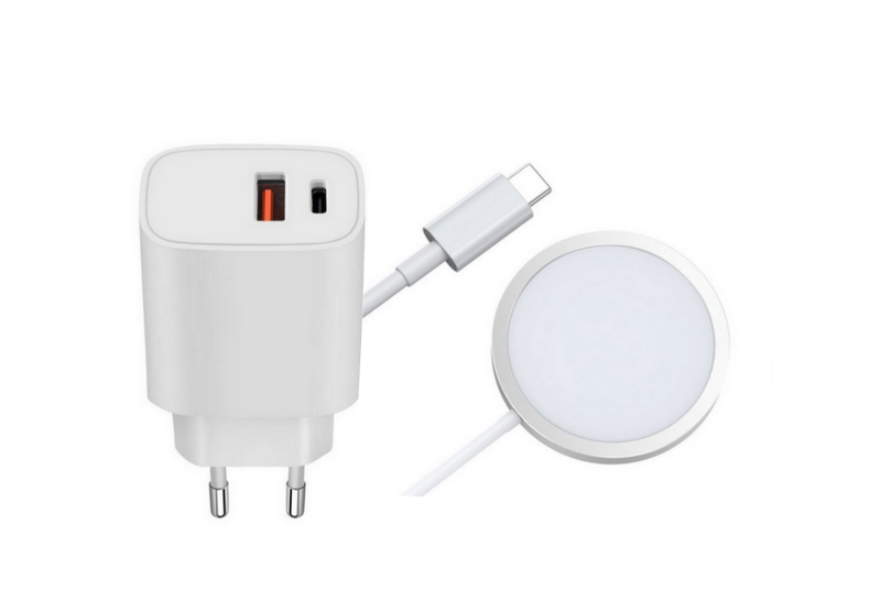Dual Port PD+ QC3.0 Charger (20W) with Magnetic Wireless Charger Inclusive