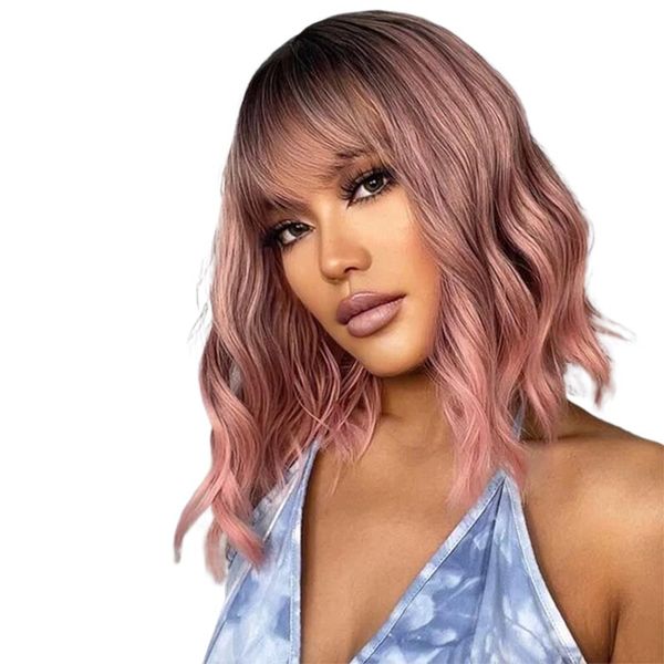 Ladies water ripple fluffy pink short curly hair artificial wig