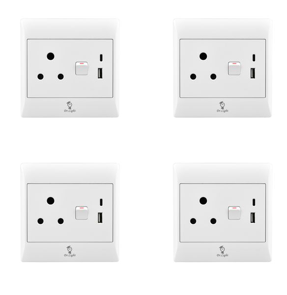 DrLight 4 Pcs White Wall Socket With USB And Type c Slots(4X4) -16A 250V