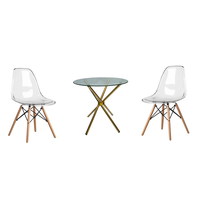 3 Piece Glass Table Gold Legs and Clear Wooden Leg Chairs
