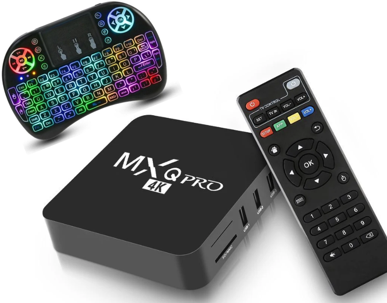 MXQ Pro Tv Box + RGB Wireless Keyboard + 8GB Memory Card.