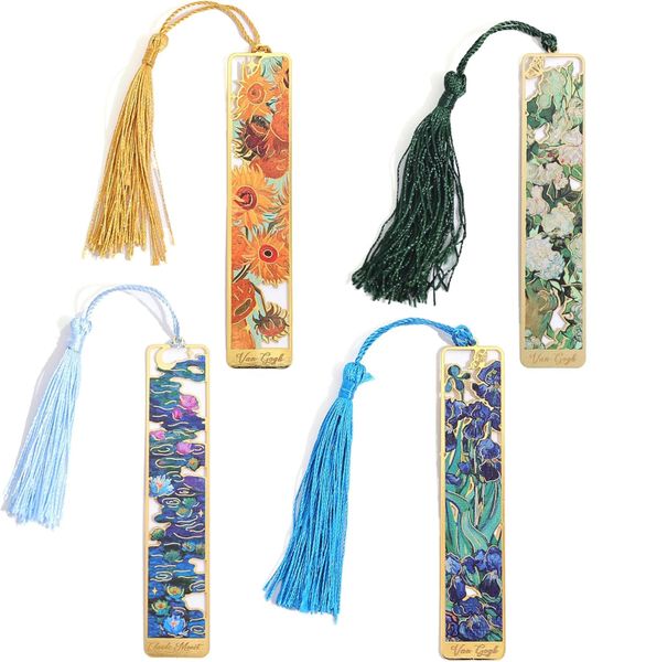 4 Pieces Metal Bookmarks with Tassel, Golden Oil Painting Hollow Bookmark