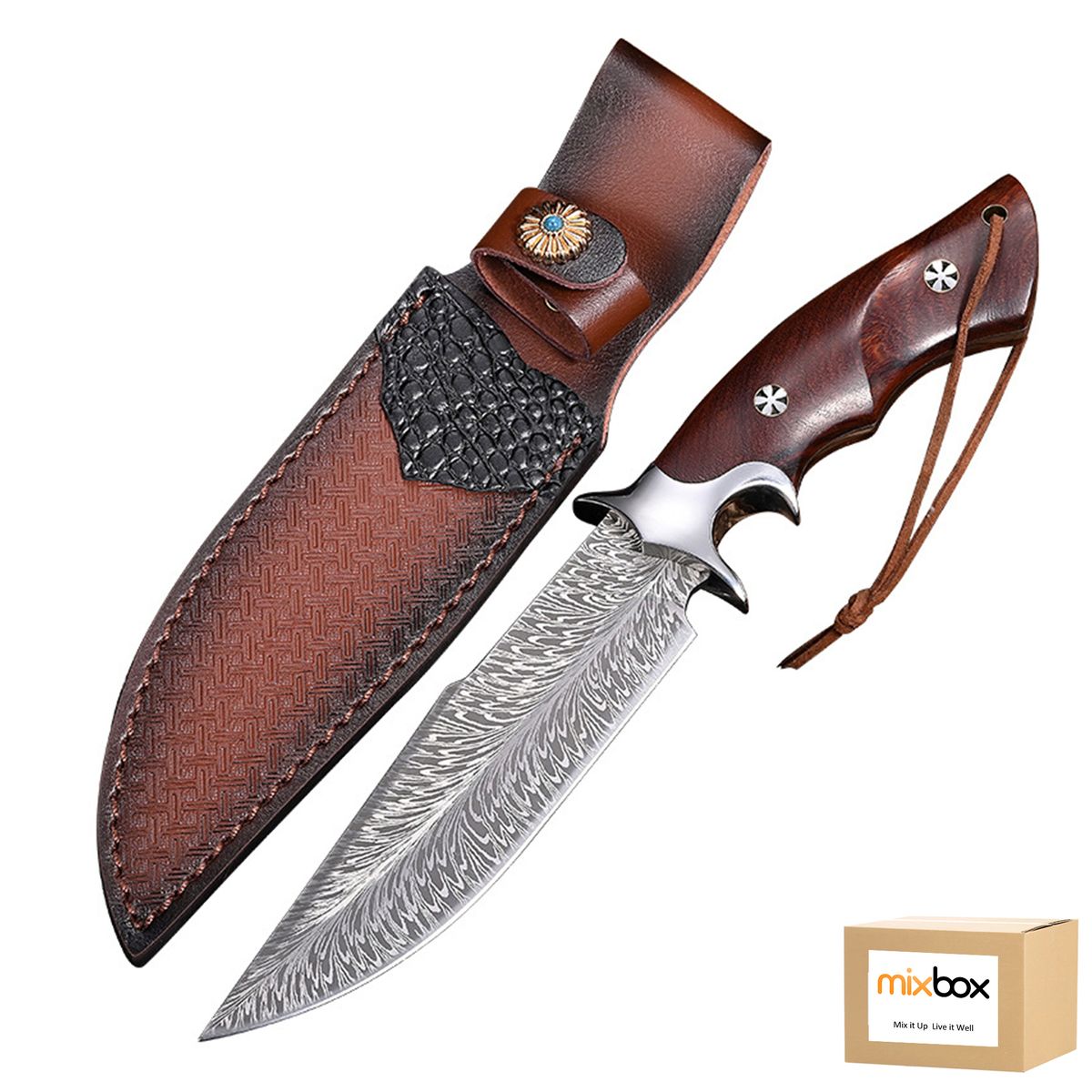 Mix Box Hammer Forged Boning Knife with Leather Cover,28cm, Feather pattern