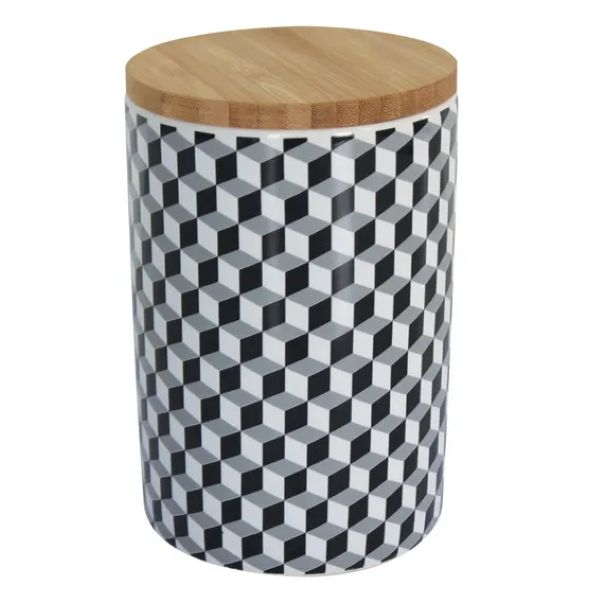 Kitchen Utensils Holder Ceramic With Bamboo Lid Black And White Hexagon